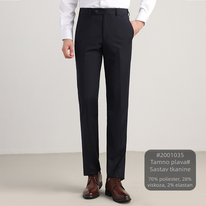 Muške hlače za poslovni stil, ravni kroj, lagani poslovni stil, materijal: mješavina kemijskih vlakana s 70% poliester, mikroelastični, dekorativni džepovi