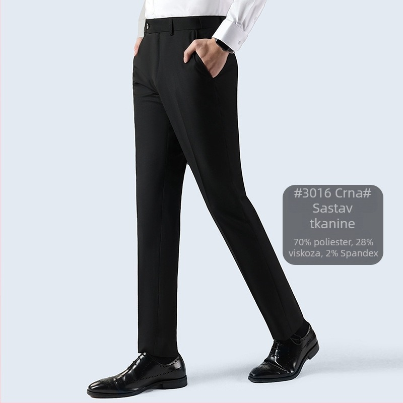 Muške hlače za poslovni stil, ravni kroj, lagani poslovni stil, materijal: mješavina kemijskih vlakana s 70% poliester, mikroelastični, dekorativni džepovi
