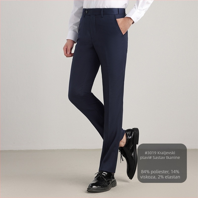 Muške hlače za poslovni stil, ravni kroj, lagani poslovni stil, materijal: mješavina kemijskih vlakana s 70% poliester, mikroelastični, dekorativni džepovi