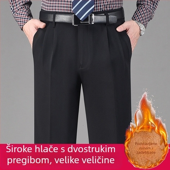 Zimske muške hlače s dvostrukim plisama, visokim strukom, opuštenog ravnog kroja, otporne na nabore, bez glačanja, podstavljene flisom