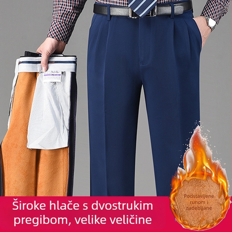 Zimske muške hlače s dvostrukim plisama, visokim strukom, opuštenog ravnog kroja, otporne na nabore, bez glačanja, podstavljene flisom
