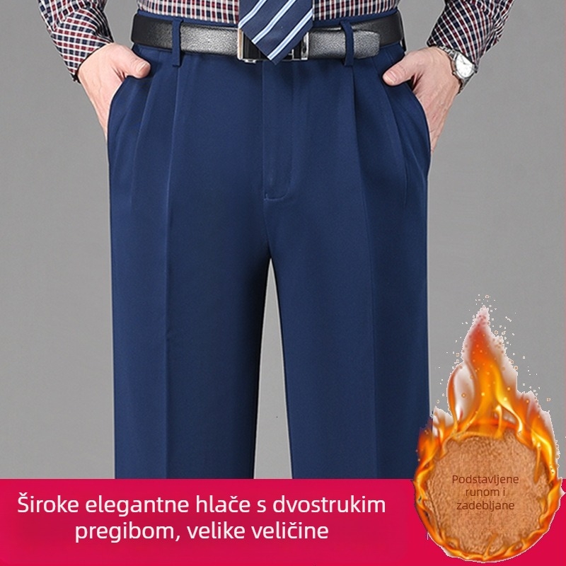 Zimske muške hlače s dvostrukim plisama, visokim strukom, opuštenog ravnog kroja, otporne na nabore, bez glačanja, podstavljene flisom