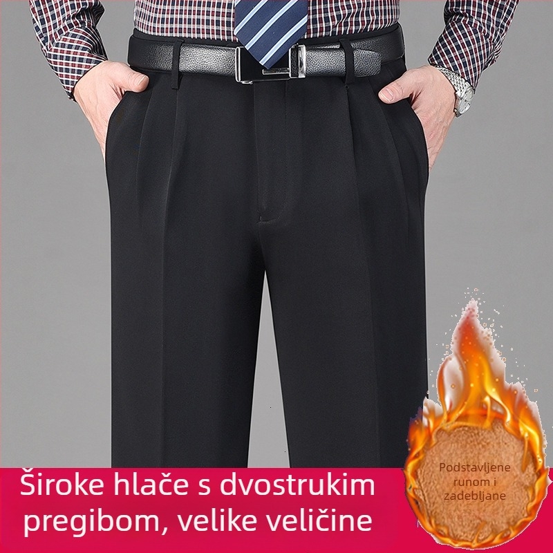 Zimske muške hlače s dvostrukim plisama, visokim strukom, opuštenog ravnog kroja, otporne na nabore, bez glačanja, podstavljene flisom
