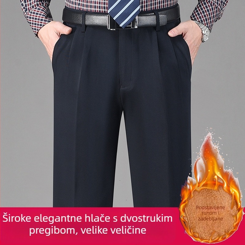 Zimske muške hlače s dvostrukim plisama, visokim strukom, opuštenog ravnog kroja, otporne na nabore, bez glačanja, podstavljene flisom