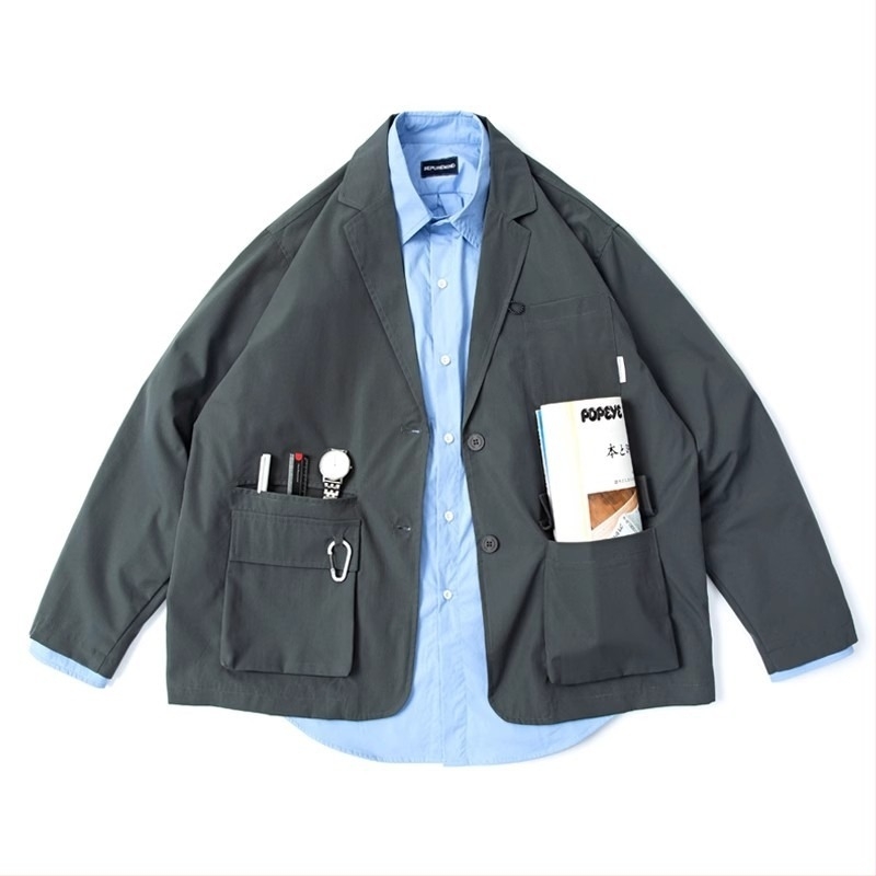 Retro japanskog stila vanjska jakna s višestrukim džepovima, opušteni kroj, prozračna i otporna na habanje poliester materijal