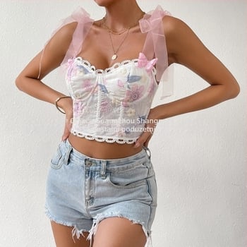 Top bez naramenica s vezicama, floralni print, poliester materijal, mikroelastičan