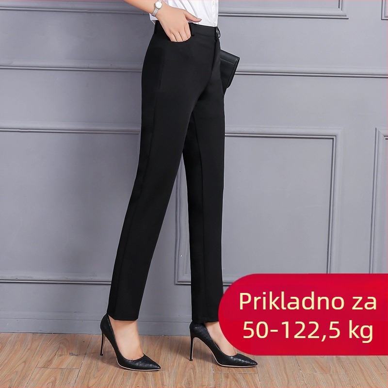 Ženske hlače s visokim strukom, elastične, ravni kroj, uredski stil, jednobojni uzorak