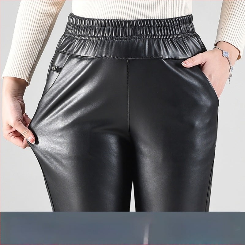 Ženske PU kožne hlače s ravnim krojem, visoki struk, duge hlače, gradski stil
