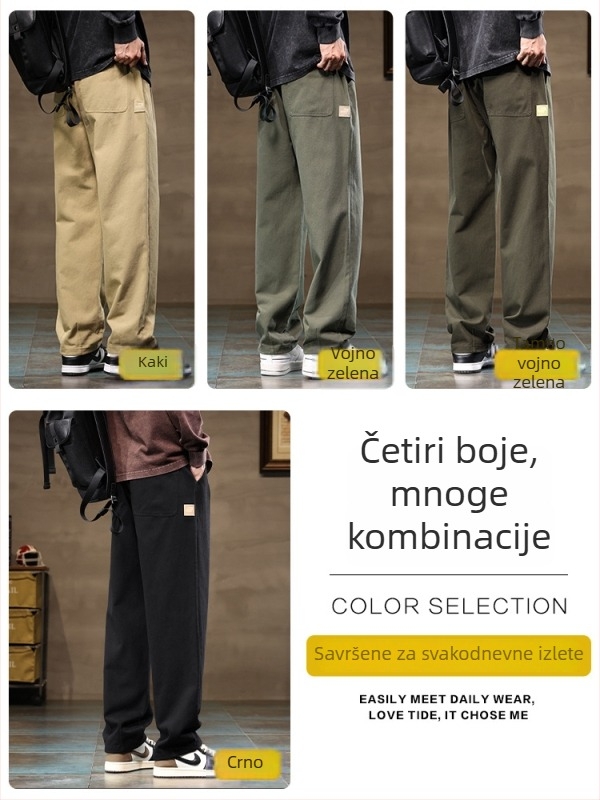 Muške casual hlače ravnog kroja, 100% pamuk, srednji pojas, zatvaranje šnurkama