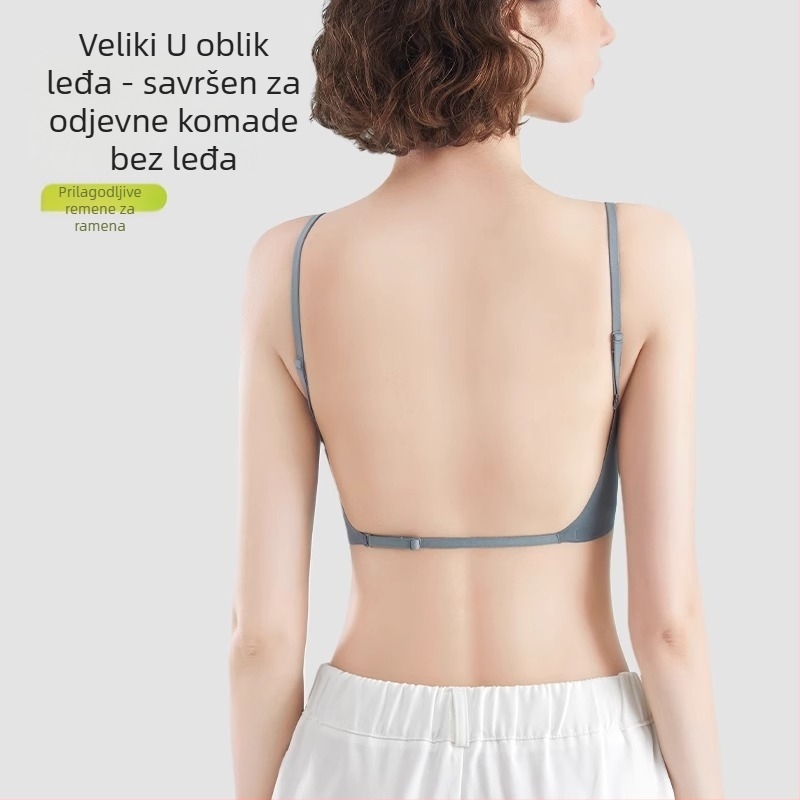 Bezšavnu grudnjak s U-oblikom leđa, tubasti gornji dio, tanke oblikovane košarice, puna košarica, fiksne dvostruke naramenice, najlonska podstava