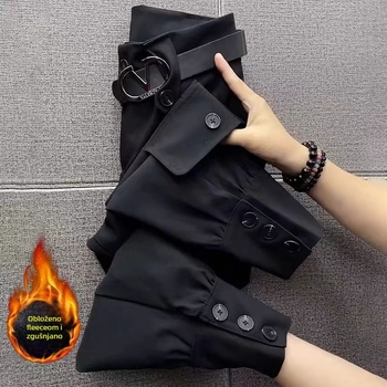 Ženske poslovne hlače, stil overal s džepovima, duljina 9/10, tkanina pamuk i lan, mikroelastičnost (Zima 2023)