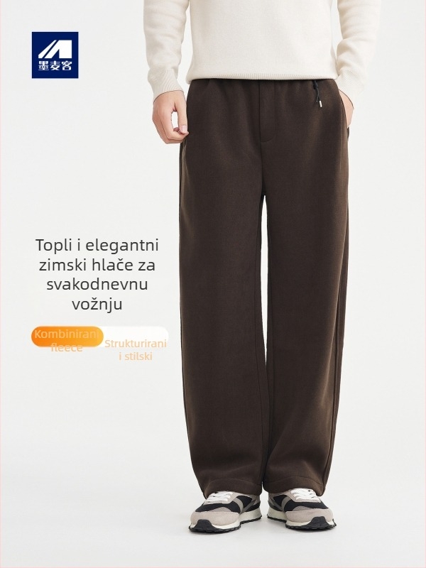 Muške casual hlače s flis podstavom, tekstura s vertikalnim prugama, srednji pojas, vezivanje, ravni kroj