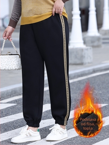 Ženske hlače za trening s flisom, visokim strukom, udoban slobodan kroj, široke ravne nogavice, pamuk-elastan smjes