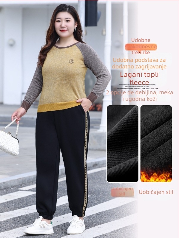 Ženske hlače za trening s flisom, visokim strukom, udoban slobodan kroj, široke ravne nogavice, pamuk-elastan smjes