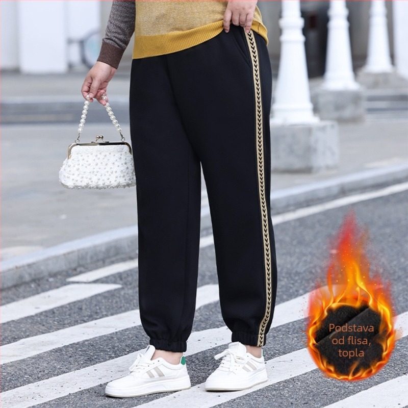 Ženske hlače za trening s flisom, visokim strukom, udoban slobodan kroj, široke ravne nogavice, pamuk-elastan smjes