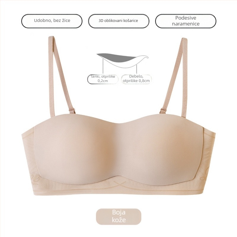 Grudnjak bandeau bez naramenica za žene, push-up, protivklizni, bez šavova, 1/2 šalice, tanki oblikovani kalupi