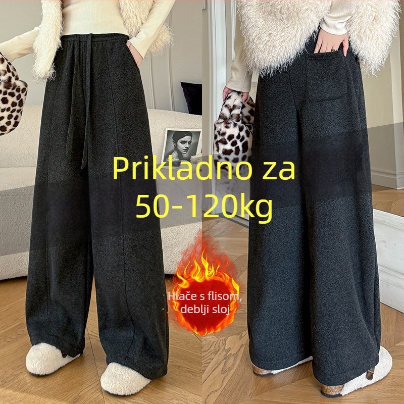 Ženske hlače s flis podstavom, visokim strukom, opuštena krojenje – ravne i široke nogavice, duge, poliester za jesen-zimu