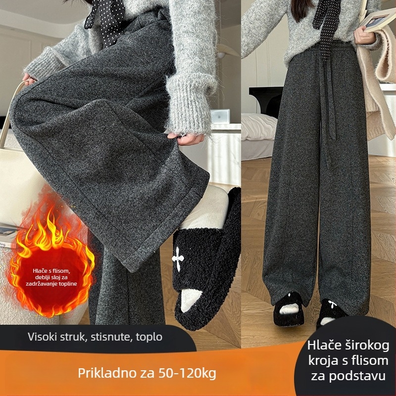 Ženske hlače s flis podstavom, visokim strukom, opuštena krojenje – ravne i široke nogavice, duge, poliester za jesen-zimu