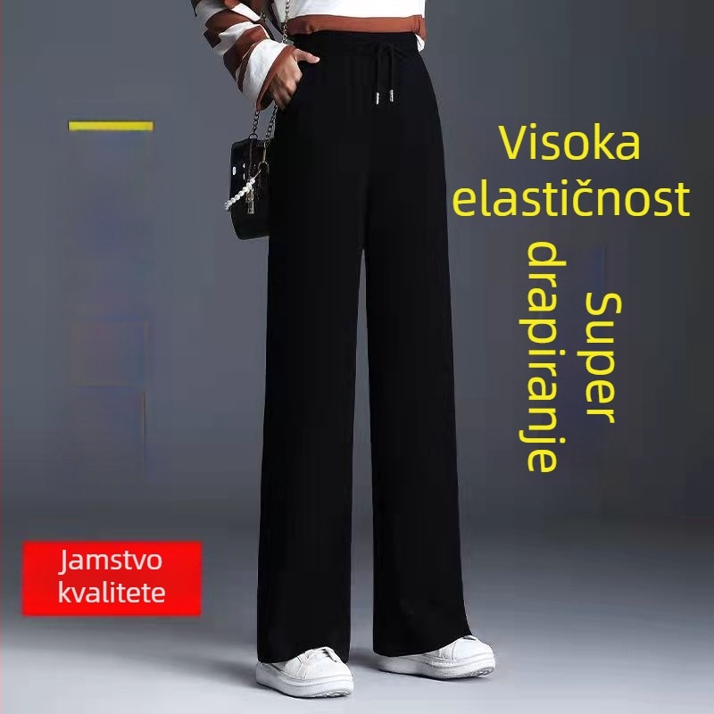 Ženske široke hlače s fleec podstavom, elastični struk, visoka elastičnost, casual jesensko-zimske hlače