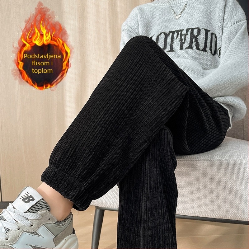 Ženske jogger hlače Chenille emboss, unutarnja fleece podstava, visoki pas, uski kroj, 95% poliester