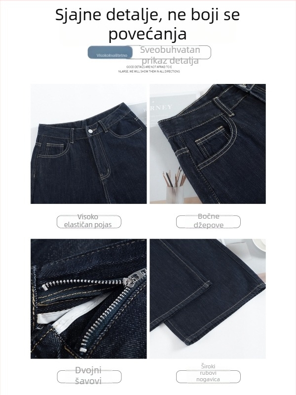 Casual ženske džinske hlače, visok pojas, široke ležerne siluete, denim s pamukom i poliestrom.