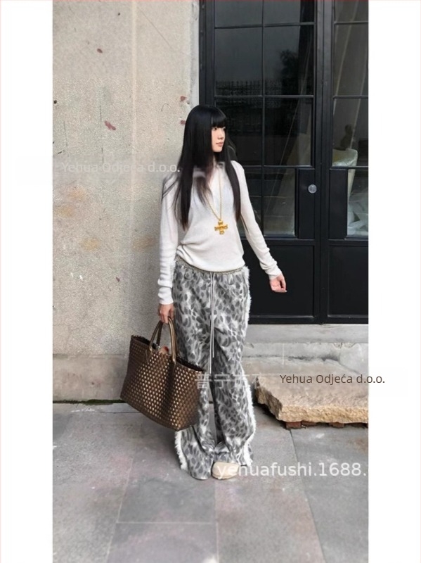 Ženske hlače s leopard uzorkom i panelom od umjetne krznene, poliester, srednji pojas, Harajuku stil, casual