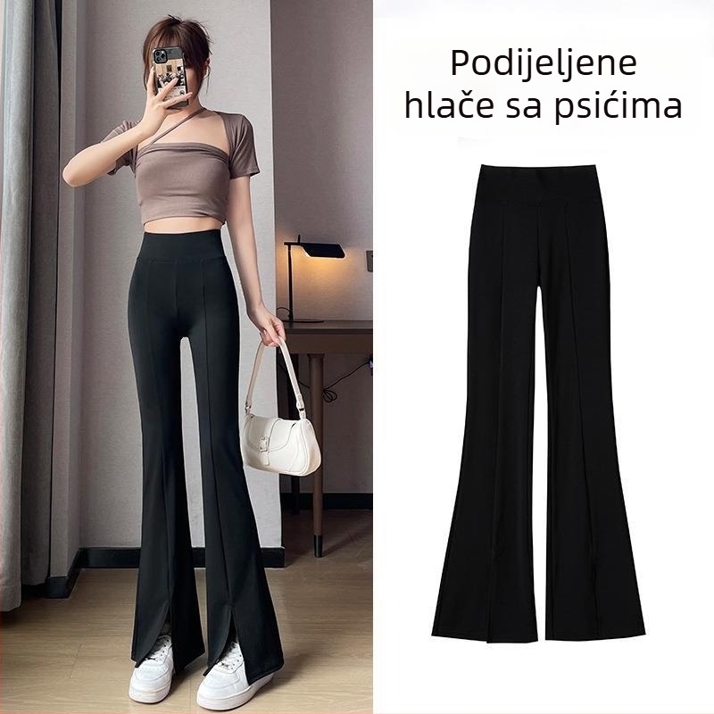 Ženske hlače s visokim strukom, flared bootcut, poliester-elastin smjesa, Micro-Lamar stil, Zima 2025