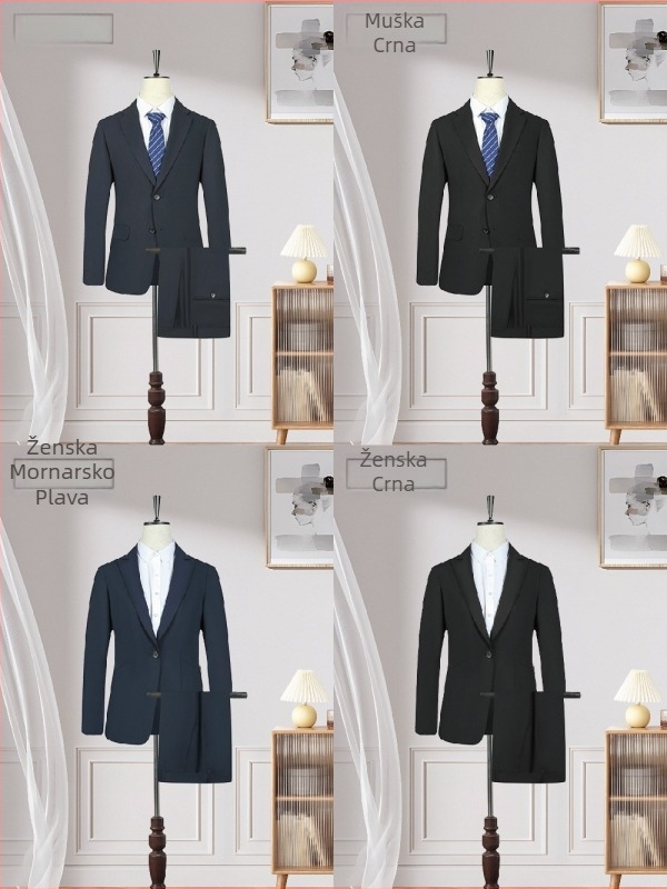 Unisex poslovni kostim, uski kroj, ravni rever, zatvaranje na jedno dugme, poliester tkanina s podstavom od spandexa, pogodan za vjenčanja u jesen 2025