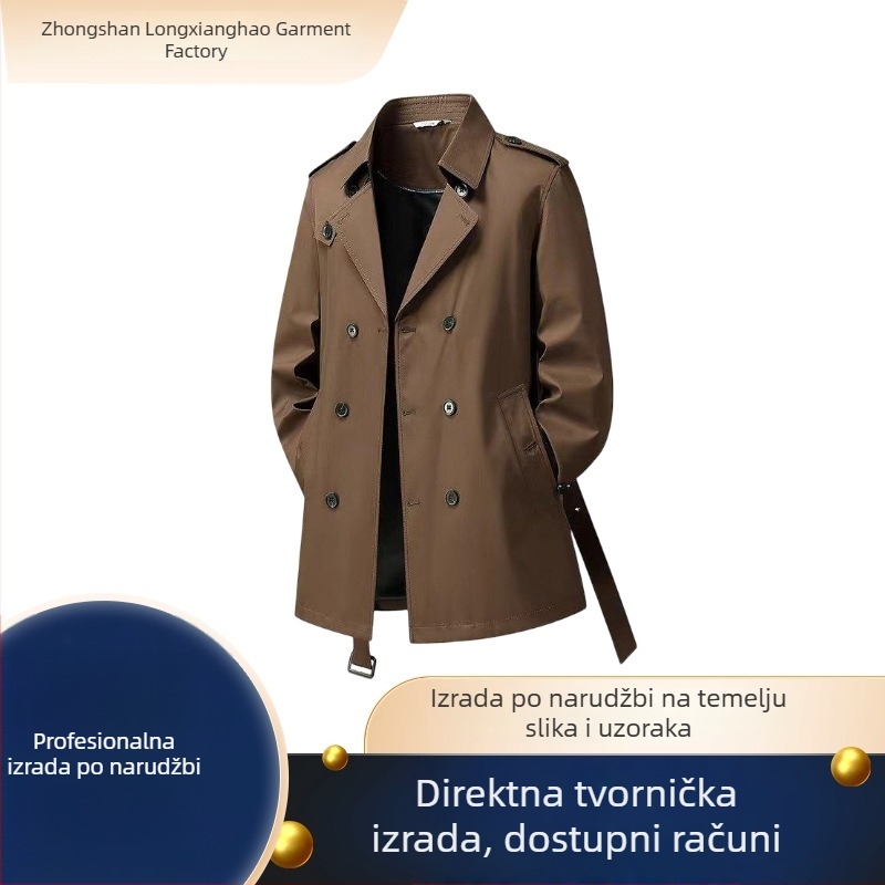 Muški kaput s dvostrukim kopčanjem, srednje duljine, britanski stil, s pojasom i epolete, po narudžbi