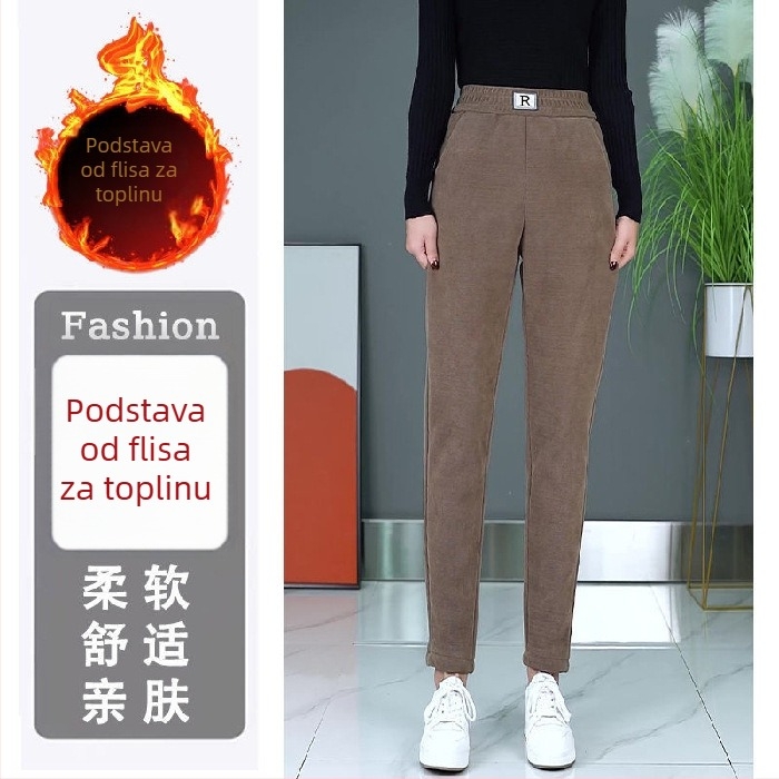 Ženske hlače visokog struka od plišanog velura s fleece podstavom, uski kroj, poliester 80–90%, korejski stil džepovi