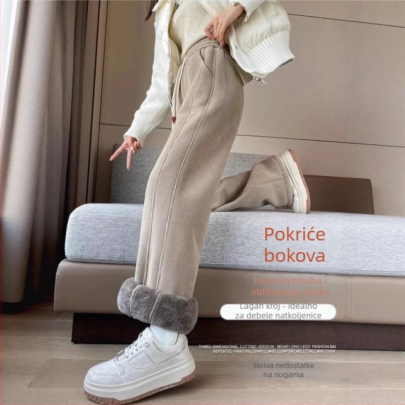 Ženske hlače Chenille s flec podstavom, ravni kroj, elastičan pojas, zimske, svakodnevne