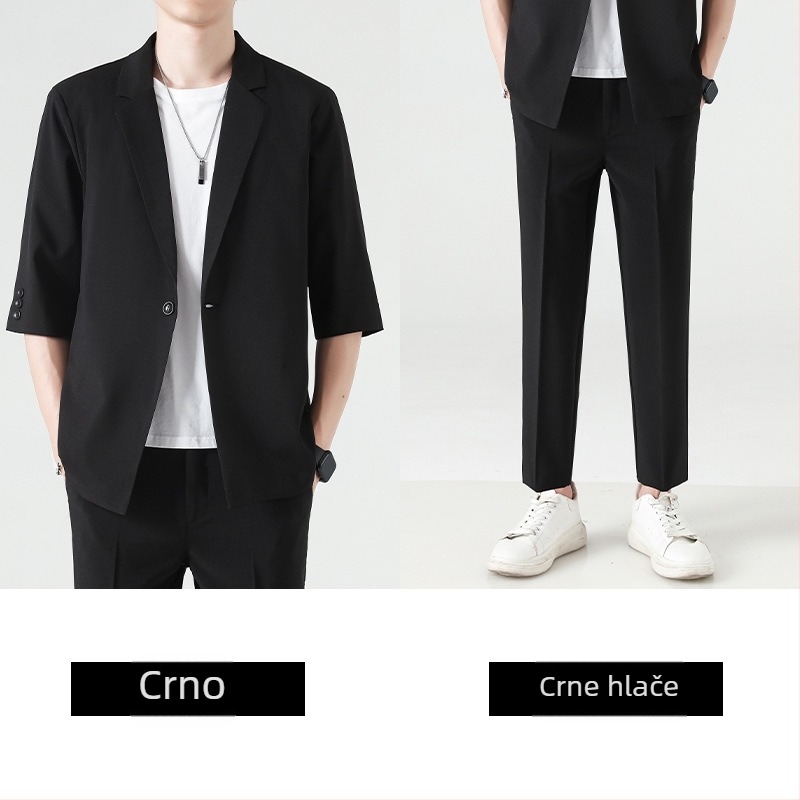 Muški dvodjelni sako odijelo, slim-fit, hlače duljine 9/10, jakna s ravnim ovratnikom i jednim gumbom, smjesa poliester