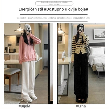 Casual hlače od poliestera s fleec podstavom, široke nogavice, visok struk, debeli materijal, mikroelastičnost