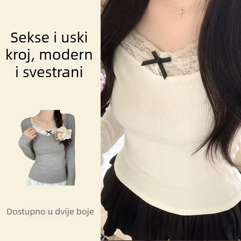 Uski kroj poliester Patchwork majica s kvadratnim ovratnikom i dugim rukavima