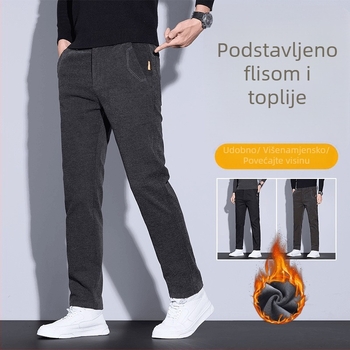 Muške zimske hlače od chenille s flisom, ravnog kroja, poslovno casual stil, srednji pojas s remenom i zatvaračem