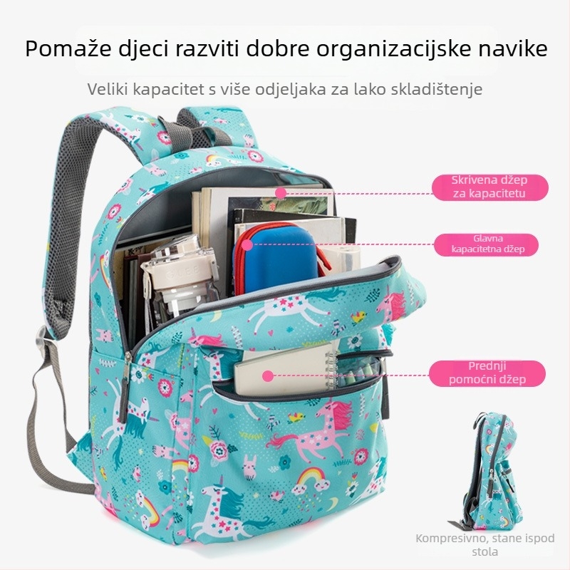 Dječja školska torba s motivom jednoroga, Oxford tkanina, trodjelni set, naramenica s zračnim jastučićem