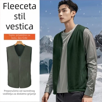 Vesta s fleceom, prednji zip, V-izrez, minimalistički kardigan stil za zimu