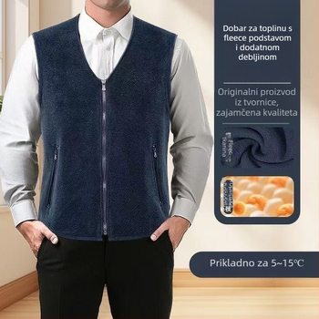 Vesta s fleceom, prednji zip, V-izrez, minimalistički kardigan stil za zimu