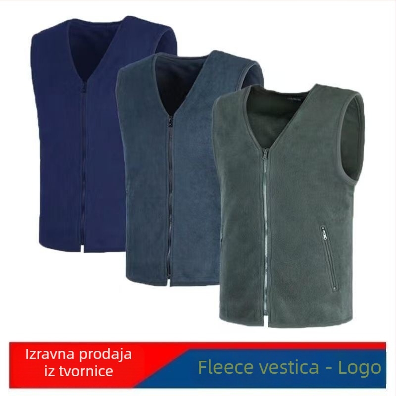 Vesta s fleceom, prednji zip, V-izrez, minimalistički kardigan stil za zimu