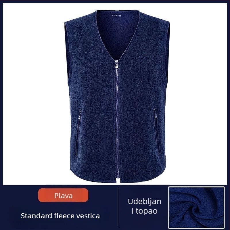 Vesta s fleceom, prednji zip, V-izrez, minimalistički kardigan stil za zimu