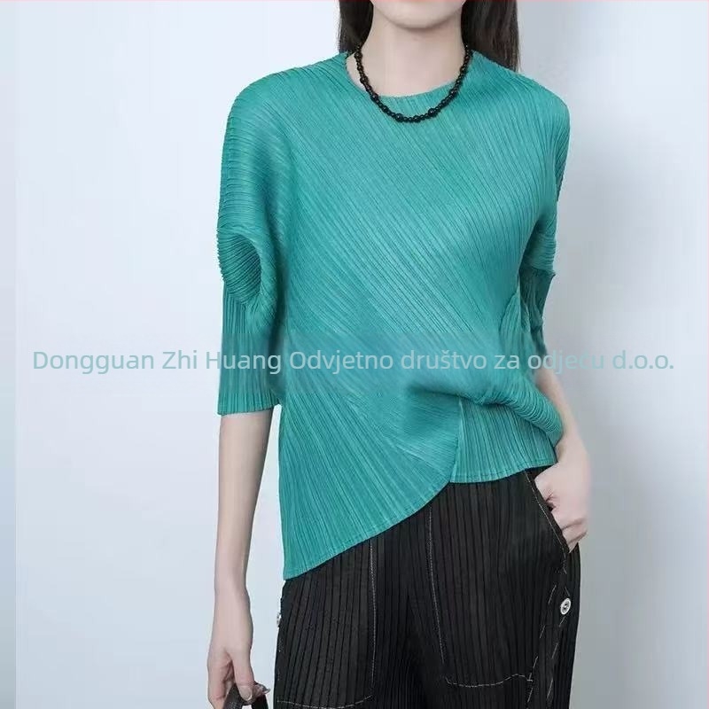Ženska majica s okruglim izrezom, nepravilan rub, 3/4 rukavi, poliester, japansko-korejski casual stil.