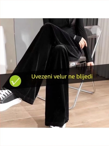 Ženske hlače Gold Silk Velvet, široke nogavice, visokim strukom, ravni kroj, fleece podstava