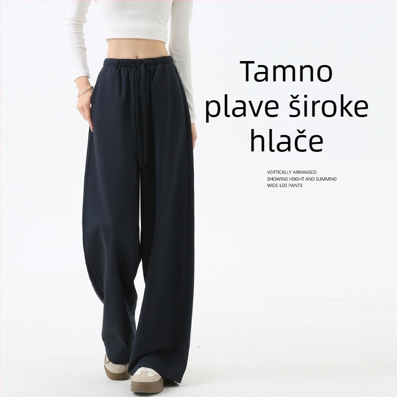 Ženske pamuk hlače širokih nogavica, ravni kroj, opušteni struk, gusta tkanina, casual poslovni stil