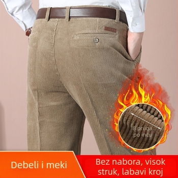 Muške zimske hlače od pamuka Corduroy – ravnog kroja, visokog struka, vunena podstava, debeli