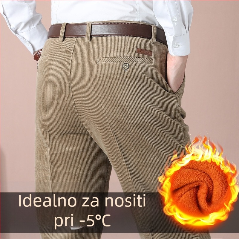Muške zimske hlače od pamuka Corduroy – ravnog kroja, visokog struka, vunena podstava, debeli