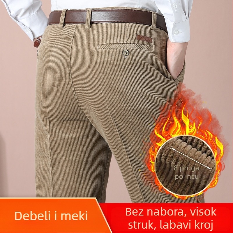 Muške zimske hlače od pamuka Corduroy – ravnog kroja, visokog struka, vunena podstava, debeli