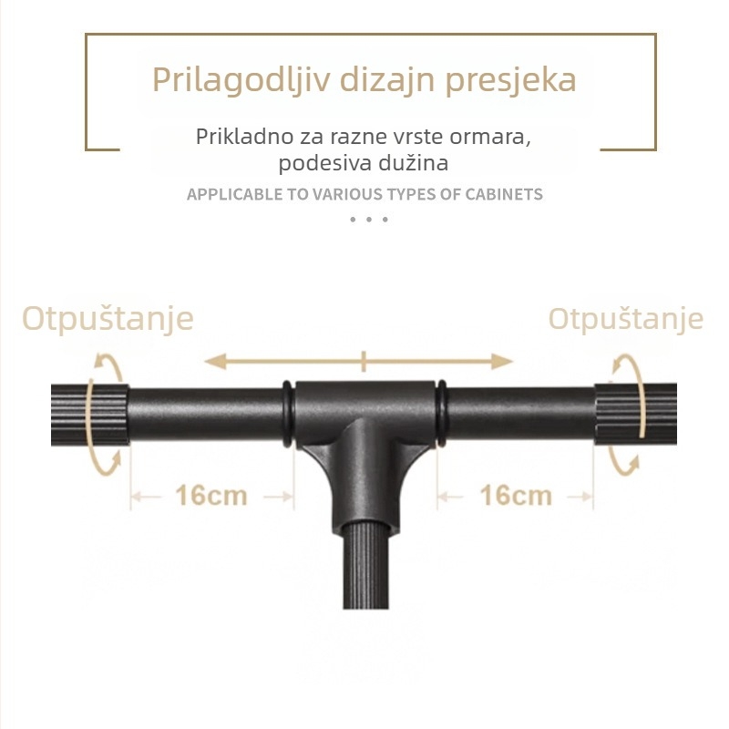 Izvlačna šipka za odjeću za unutarnji ormar — aluminijska legura, dvostruko amortiziranje, moderan minimalistički dizajn, pogodna za garderobu ili prostor za odjeću.