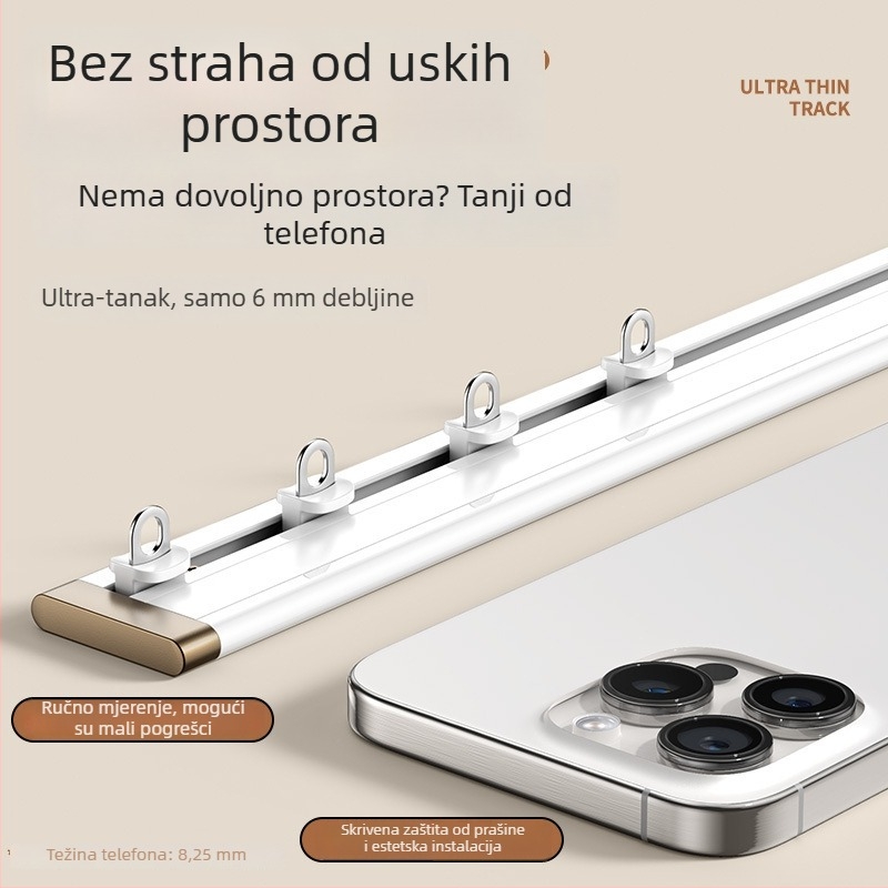 Ultra-tanka vodilica za zavjese prozora – aluminijska legura, gornja montaža, tiha klizna šina s kukom, prilagodljivo