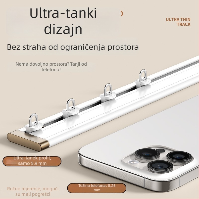 Ultra-tanka vodilica za zavjese prozora – aluminijska legura, gornja montaža, tiha klizna šina s kukom, prilagodljivo