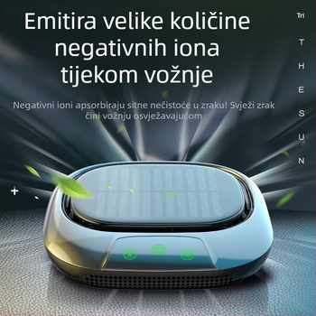 Solarni automobilni pročišćivač zraka s negativnim ionima, uklanja formaldehid, maglu i mirise; radi na 12V, snaga 6W, koncentracija iona desetke milijuna, univerzalna kompatibilnost.